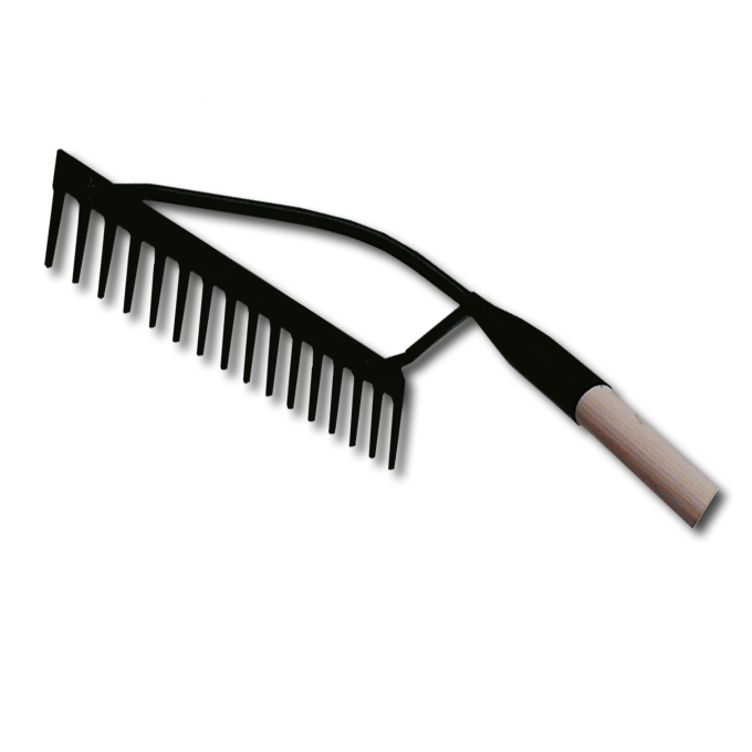 Râteau à goudron avec barre en V courbe, 16 dents droites, largeur 44 cm, manche 170 cm